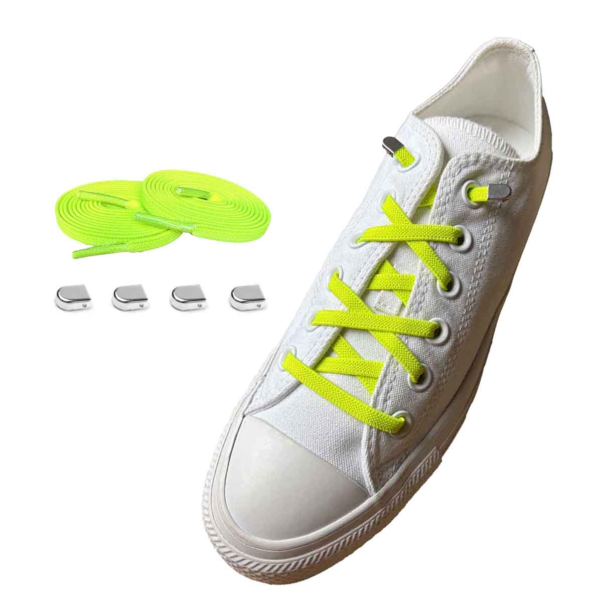 elastiska-skosnören-gul-neon-clips-silver-blank-skor