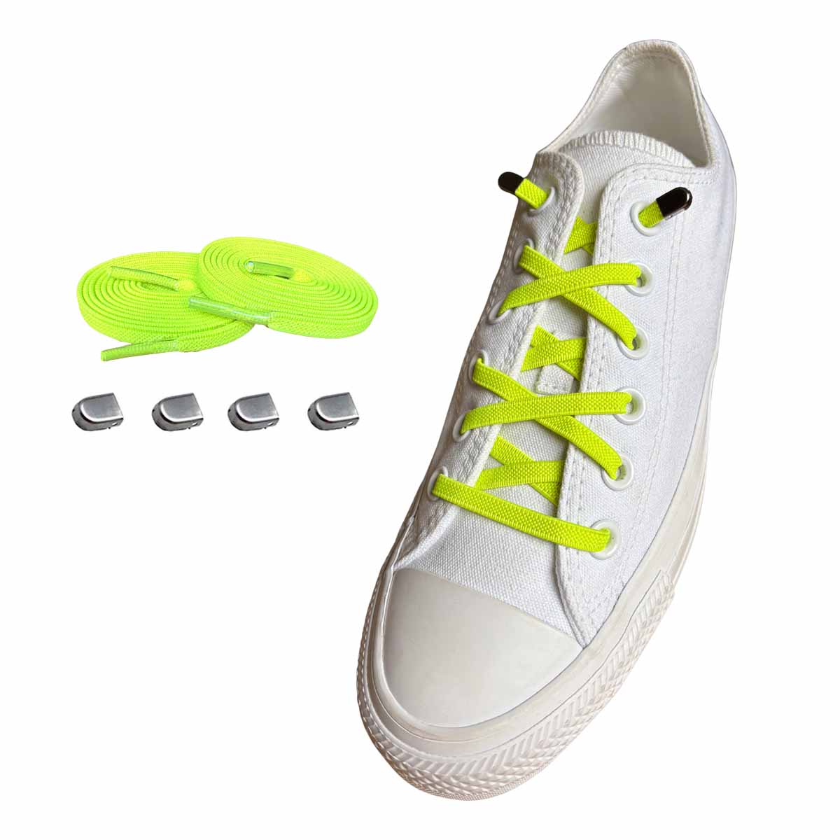elastiska-skosnören-gul-neon-clips-silver-matt-skor