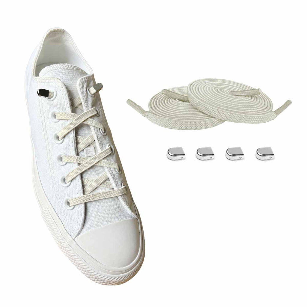 96 elastiska skosnoeren vit creme clips silver blank skor