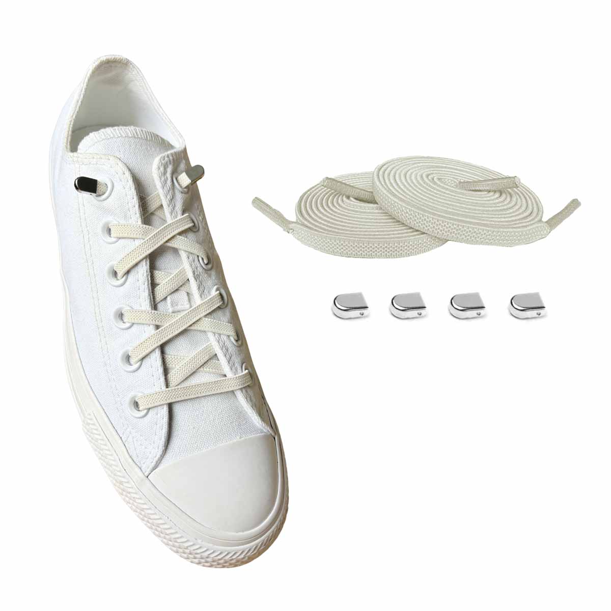 96 elastiska skosnoeren vit creme clips silver blank skor